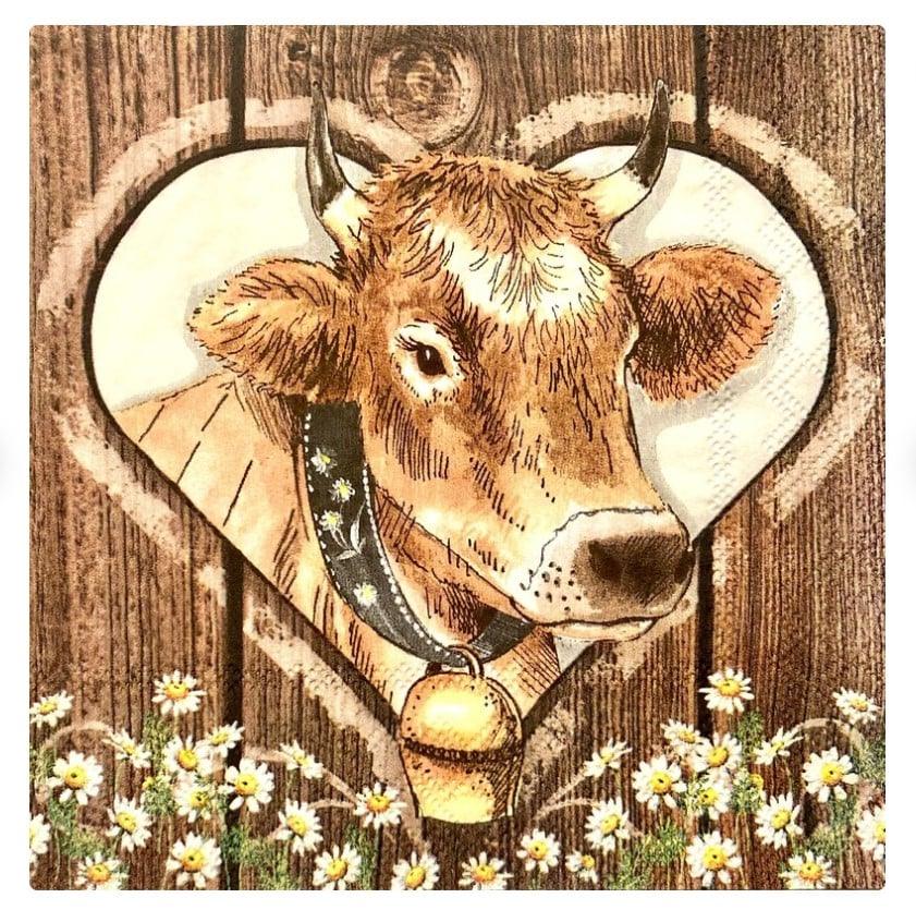 Servietten Decoupage Kuh in Herz, 33x33cm, 12 x 20 Stk. je Karton