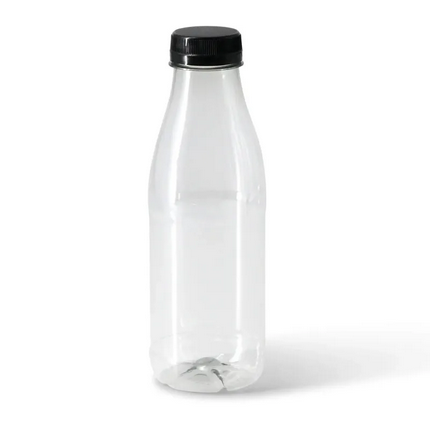 rPET Smoothie Flasche klar 500 ml 38mm inkl. Schraubverschluss schwarz, 198 Stk.